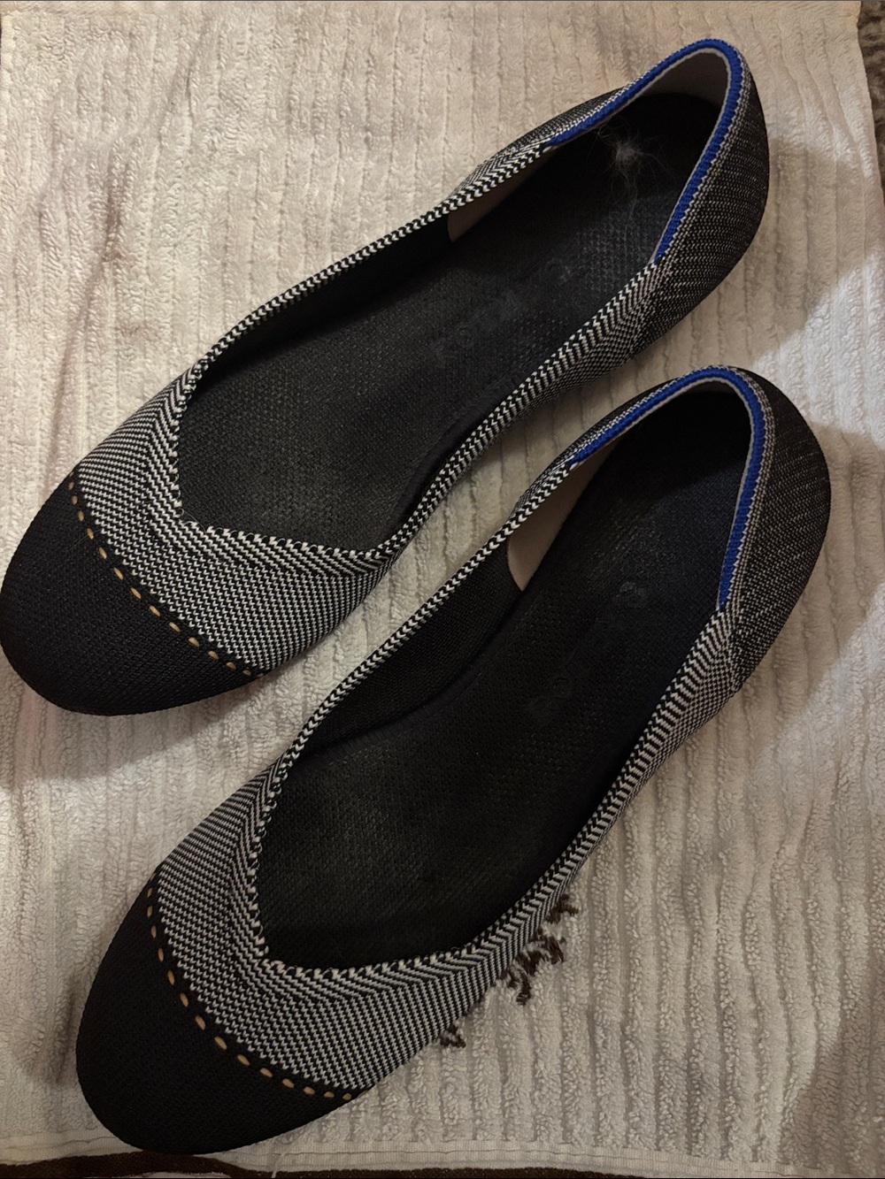 Rothy's Black & White Herringbone Ballet Flats with Blue Trim